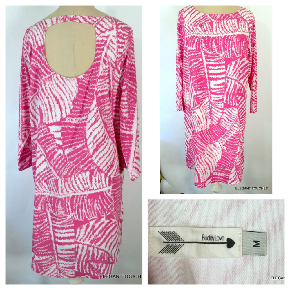 Buddy Love Pink White Shift Lined Dress Back Cut Out Long Sleeve Short Length M